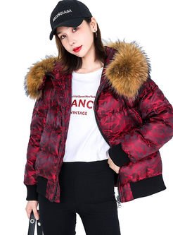 Hooded Short Puffer Coat With Fur Collar