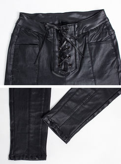Black PU High Waisted Drawcord Skinny Pants