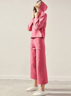 Solid Color Hooded Knit Loose Pant Suits