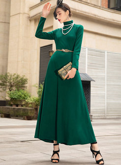 Solid Color Turtleneck Waist Maxi Dress