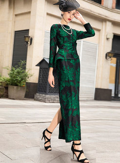 Long Sleeve Jacquard Slit Maxi Dress