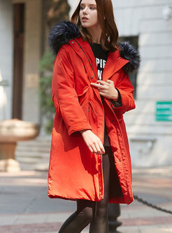 Red Long Sleeve Drawcord Loose Down Coat