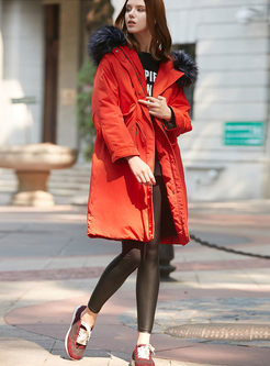 Red Long Sleeve Drawcord Loose Down Coat