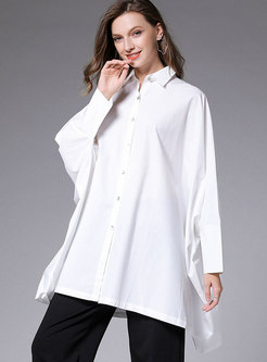 Solid Color Bat Sleeve Loose Zip-up Blouse