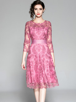 Crew Neck Embroidered Lace A Line Dress