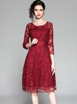 Crew Neck Embroidered Lace A Line Dress
