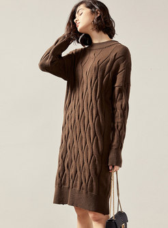 Crew Neck Cable Knit Sweater Dress