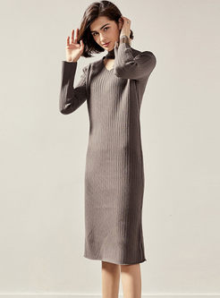 Long Sleeve V-neck Slim Sweater Midi Dress