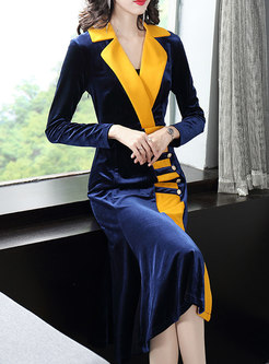 Patchwork Color-blocked Velvet Bodycon Dress