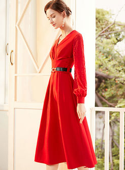 Red Lantern Sleeve A Line Cocktail Dress
