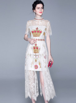 Stylish Asymmetric Court Print Lace Bodycon Dress