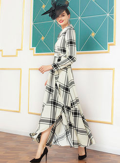 Long Sleeve Plaid Asymmetric Maxi Dress
