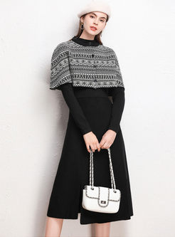 Pullover A Line Sweater Suit Dress With Poncho