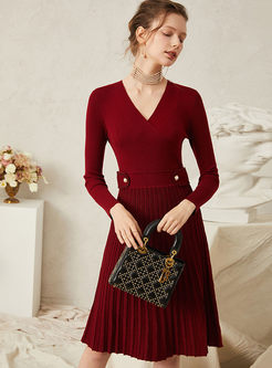 V-neck Long Sleeve Pleated Sweater Dress