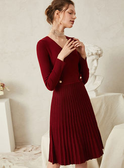 V-neck Long Sleeve Pleated Sweater Dress