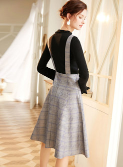 Flare Sleeve Pullover Sweater & Plaid A Line Skirt