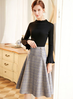 Flare Sleeve Pullover Sweater & Plaid A Line Skirt