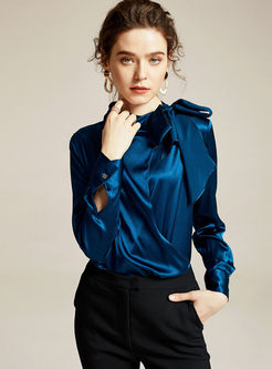 Bowknot Mock Neck Pullover Silk Blouse