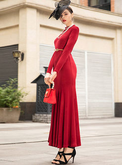 Red Mandarin Collar Bodycon Peplum Maxi Dress