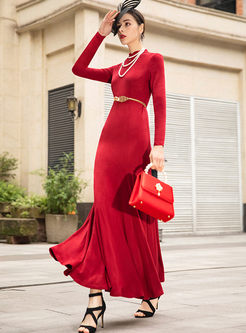 Red Mandarin Collar Bodycon Peplum Maxi Dress