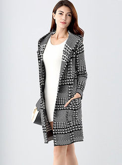 Hooded Houndstooth Sweater Loose Coat
