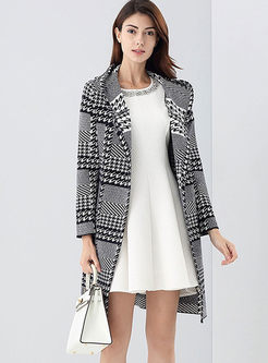 Hooded Houndstooth Sweater Loose Coat