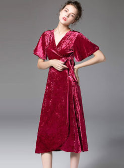 V-neck Short Sleeve Velvet Wrap Dress