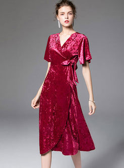 V-neck Short Sleeve Velvet Wrap Dress