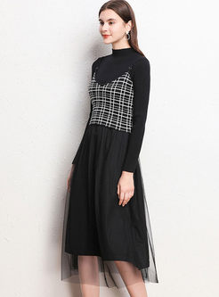 Sweater Patchwork Mesh Dress With Plaid Camisole