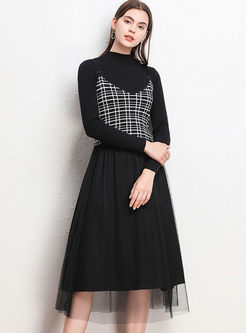 Sweater Patchwork Mesh Dress With Plaid Camisole