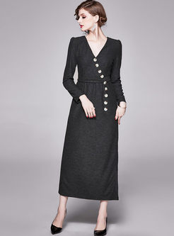 Black V-neck Long Sleeve Wrap Maxi Dress