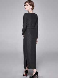 Black V-neck Long Sleeve Wrap Maxi Dress