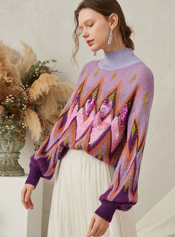 Mock Neck Pullover Loose Sequin Sweater