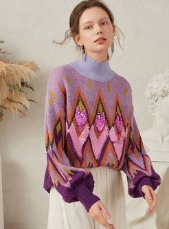 Mock Neck Pullover Loose Sequin Sweater