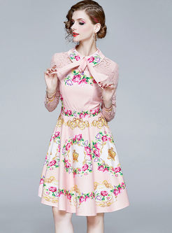 Pink Bowknot Print Lace Patchwork Skater Dress