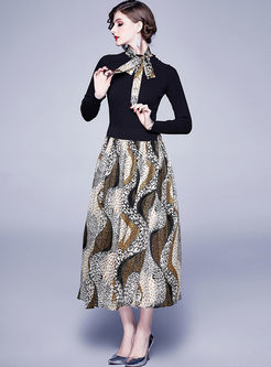 Mock Neck Knit Patchwork Print Maxi Dress