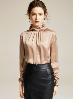 Pure Color Turtleneck Pleated Pullover Silk Blouse