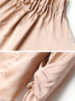 Pure Color Turtleneck Pleated Pullover Silk Blouse