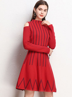 Cold Shoulder Color-blocked Sweater Dress With Belt