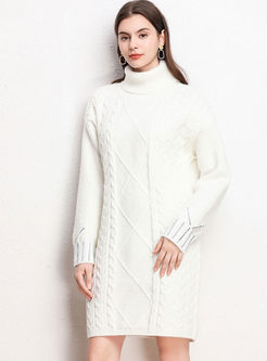 White Turtleneck Straight Sweater Mini Dress