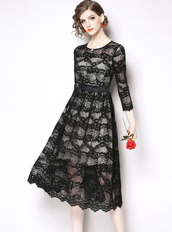 Black High Waisted Lace A Line Dress