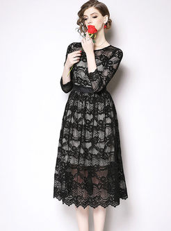 Black High Waisted Lace A Line Dress
