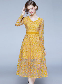 Yellow V-neck Lace Openwork Skater Dress