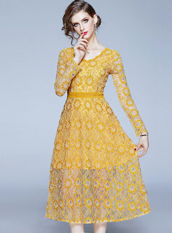 Yellow V-neck Lace Openwork Skater Dress
