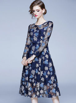 Long Sleeve Openwork Embroidered Lace Dress