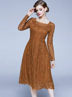 Square Collar Lace Openwork Patchwork A Line Dress
