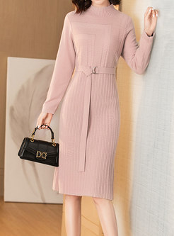 Mock Neck Solid Color Bodycon Sweater Dress