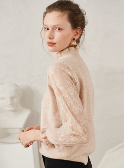 Mock Neck Patchwork Lace Pullover Sweater