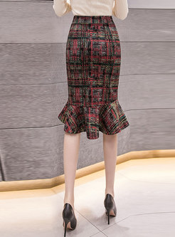 High Waisted Plaid Bodycon Peplum Skirt