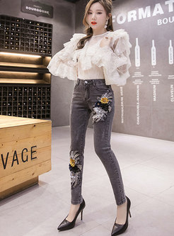 High Waisted Embroidery Patchwork Denim Pencil Pants